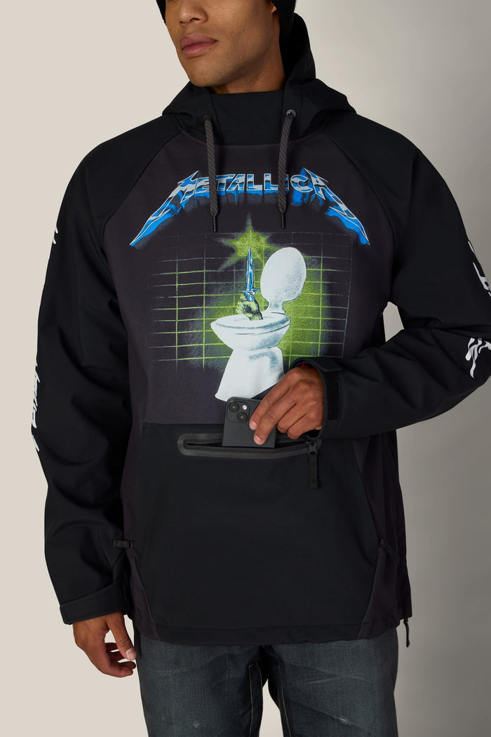 A person places a smartphone into the zippered front pocket of a black 686 Men’s Metallica Waterproof Hoody.