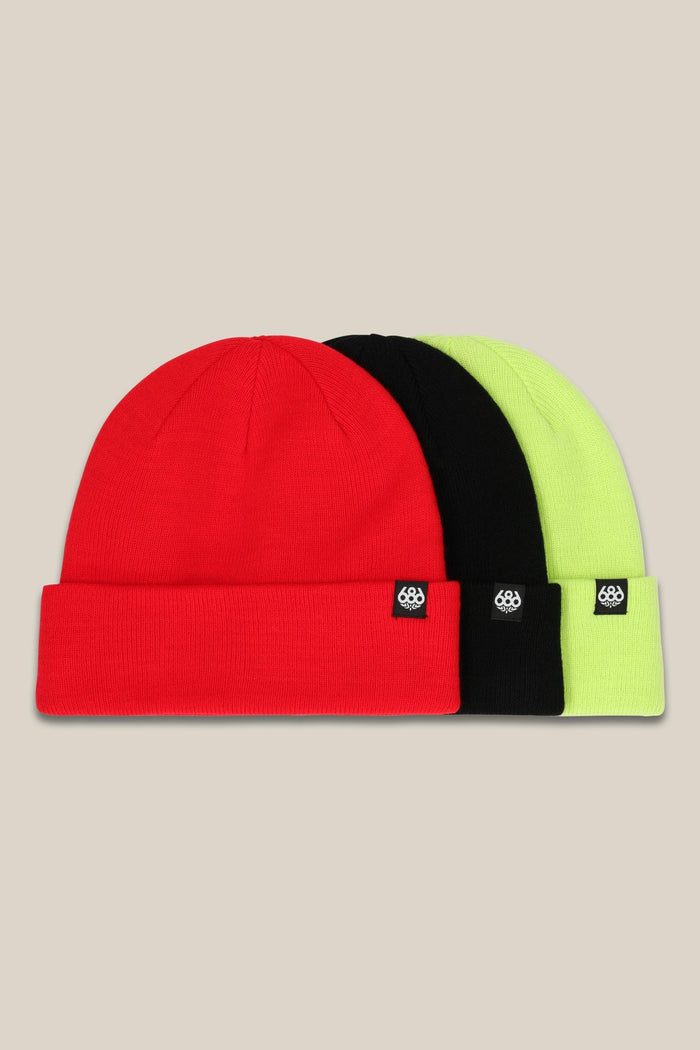 The 686 Standard Roll-Up Beanie (3-Pack) by 686 includes red, black, and neon yellow beanies with folded brims and a front logo tag‚Äîperfect for a stylish everyday look. Add this must-have set to your wardrobe!.