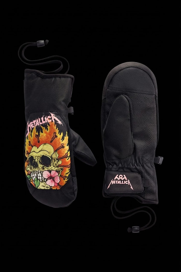 686 Women’s Revel Mitt in black, one featuring a graphic of a skull, flames, and flowers with the Metallica logo, and the other displaying the band’s logo on the wrist strap.