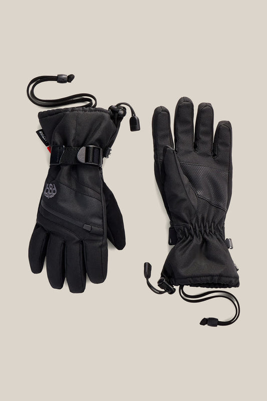 Two 686 Youth Heat Gloves in black, featuring adjustable wrist straps and drawstring closures, are displayed on a beige background. One glove displays the palm while the other shows the back.