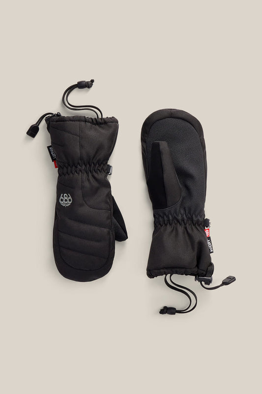 A pair of 686 Youth Heat Insulated Mitts in black, featuring adjustable wrist cords and a small 686 logo, displayed on a neutral background.