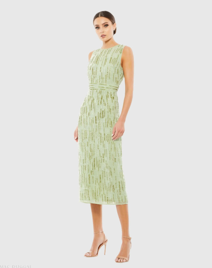 Green Abstract Beaded Sleeveless Midi Sheath Dress - Mac Duggal