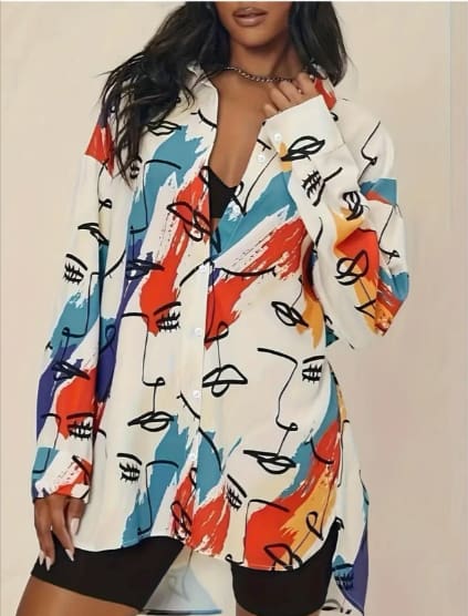 Abstract Face Print Button-Up Shirt for Women