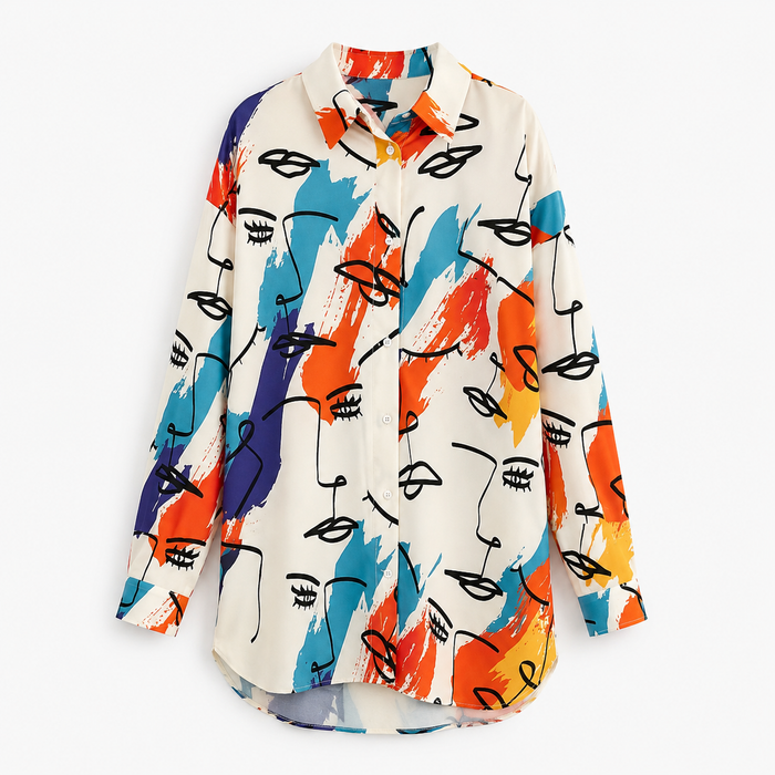 Abstract Face Print Button-Up Shirt for Women
