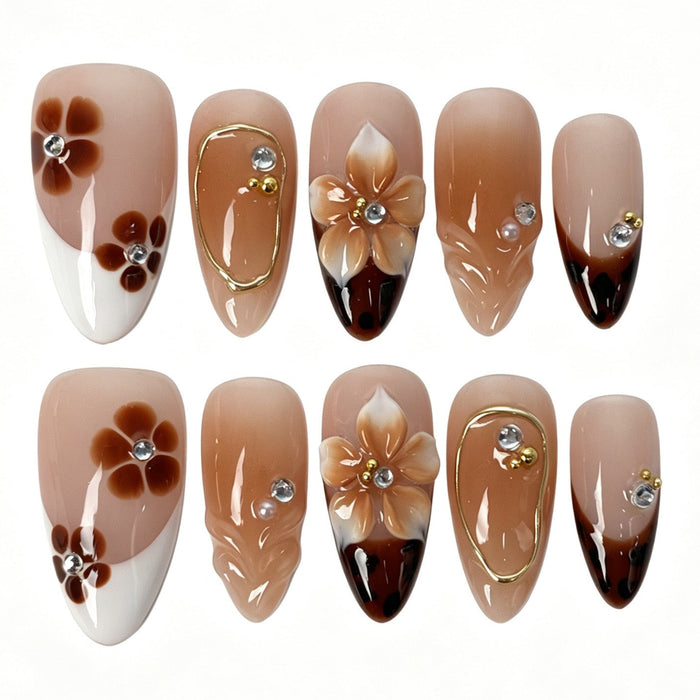 Handmade almond press on nails, soft nude pink brown flower white French tip 3D flower leopard tip romantic false nails for women