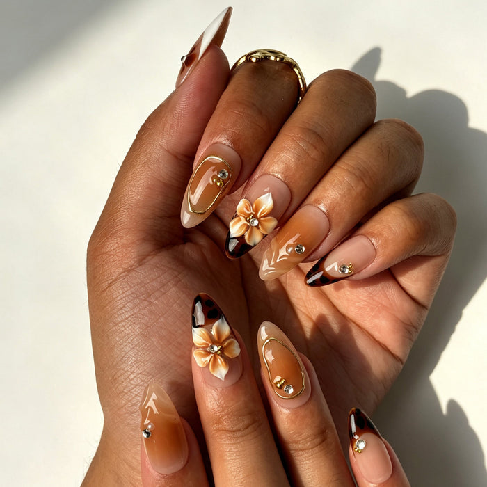 Handcrafted almond press on nails, romantic floral design for autumn dates, weddings and daily wear
