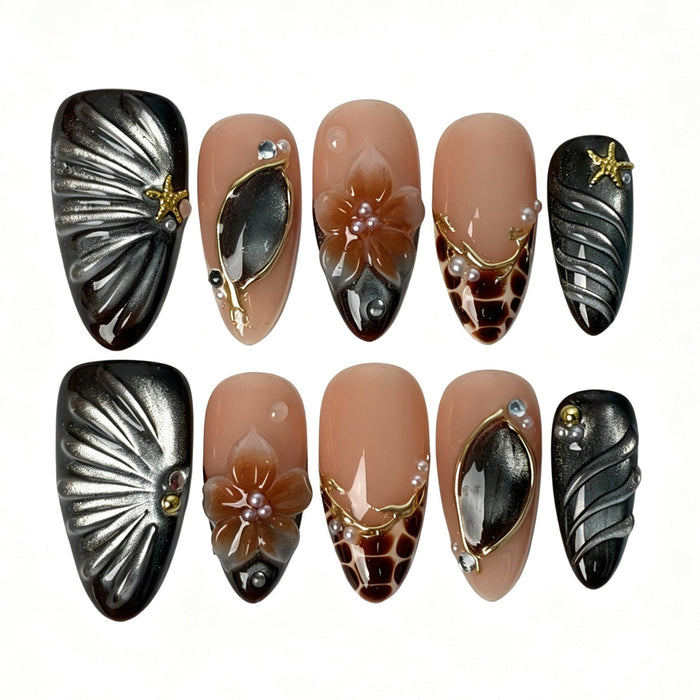 Handmade almond press on nails, nude pink brown cat eye 3D shell gem pearl tortoiseshell seaside false nails for women