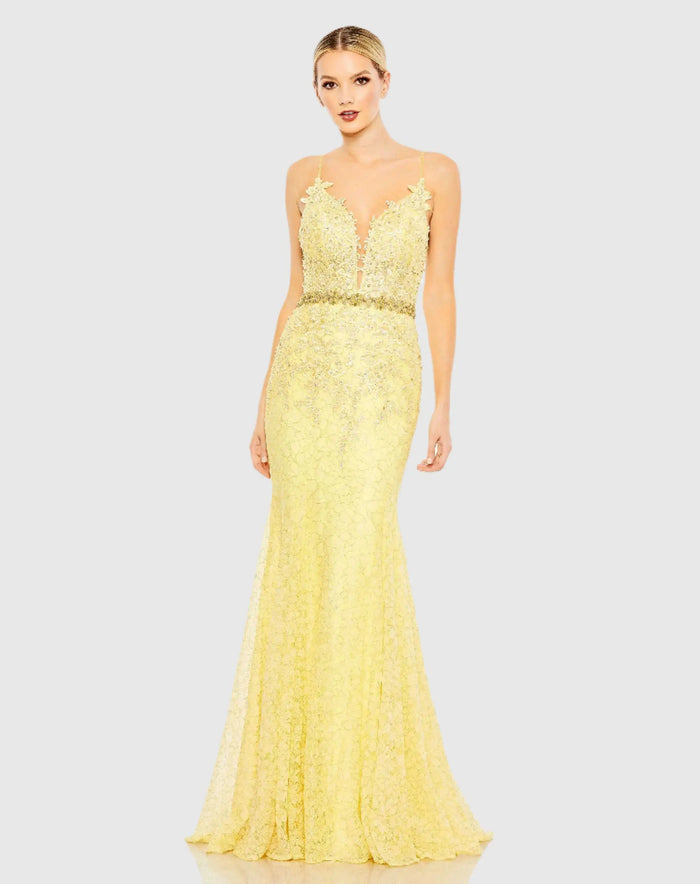 Yellow Applique Sleeveless Plunge Neck Trumpet Gown - Mac Duggal