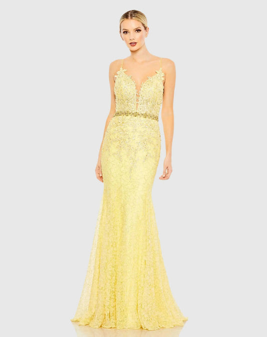 Yellow Applique Sleeveless Plunge Neck Trumpet Gown - Mac Duggal
