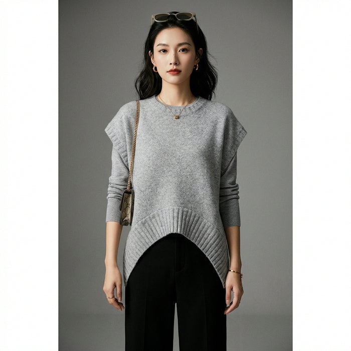 Gilet pull tricoté gris clair asymétrique K-fashion femme - Taille S