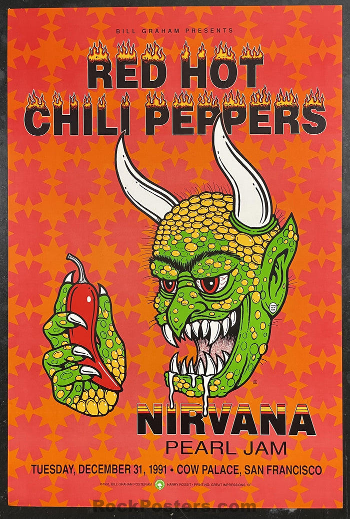 AUCTION - BGP-51 - Red Hot Chili Peppers - Nirvana Pearl Jam - 1991 Poster - Cow Palace - Near Mint - SF Rock Posters & Collectibles