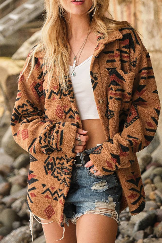 Aztec Print Button Up Fleece Jacket