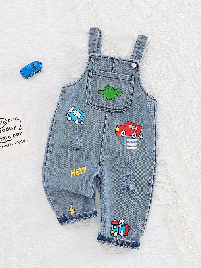 Baby Boy Blue Denim Overall Romper – Cartoon Vehicle Patches – Casual Sleeveless Jumpsuit