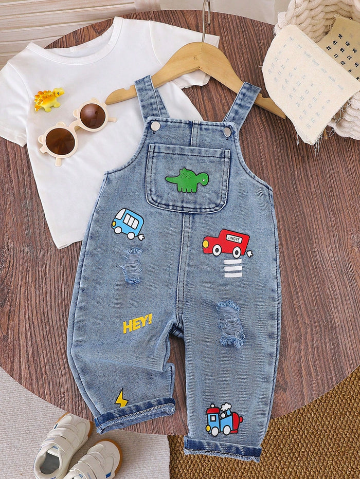 Baby Boy Blue Denim Overall Romper – Cartoon Vehicle Patches – Casual Sleeveless Jumpsuit