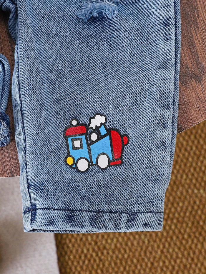Baby Boy Blue Denim Overall Romper – Cartoon Vehicle Patches – Casual Sleeveless Jumpsuit
