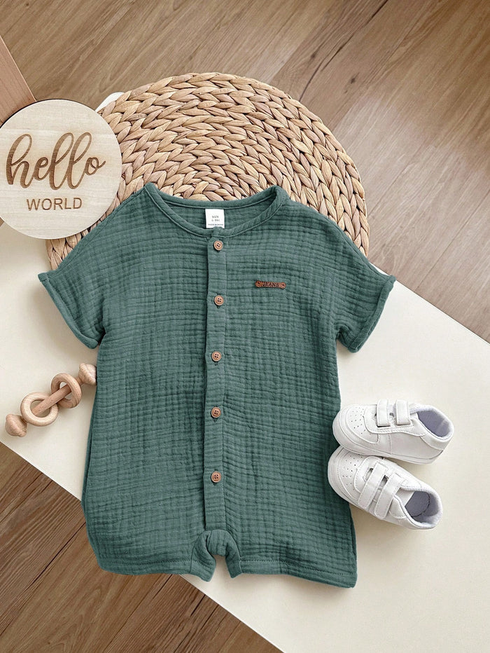 Baby Boy Green Cotton Gauze Summer Outfit – Short Sleeve Button Shirt with Matching Shorts – Soft Casual Set