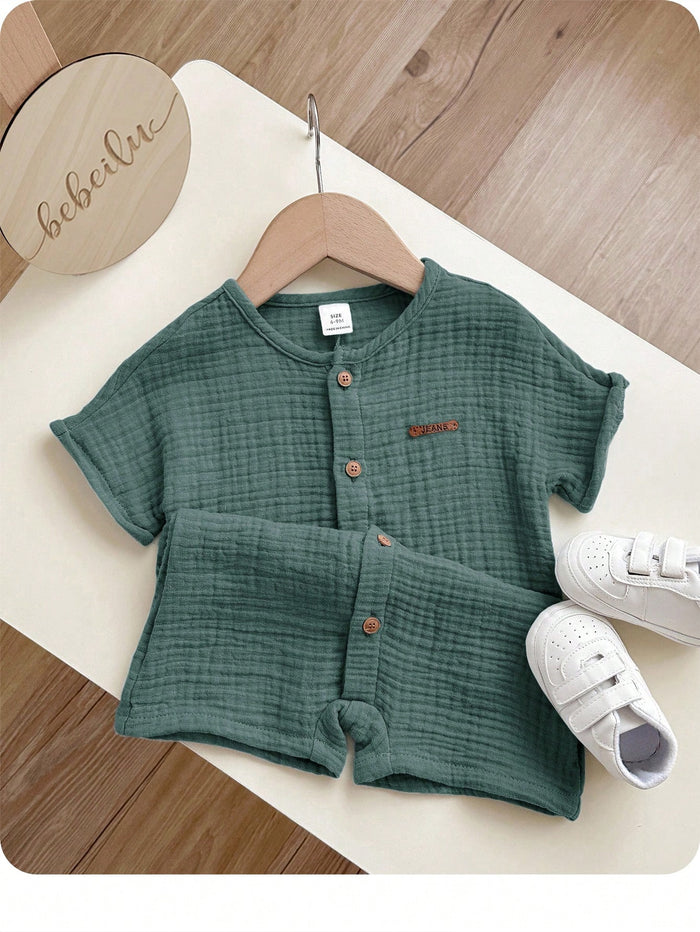 Baby Boy Green Cotton Gauze Summer Outfit – Short Sleeve Button Shirt with Matching Shorts – Soft Casual Set