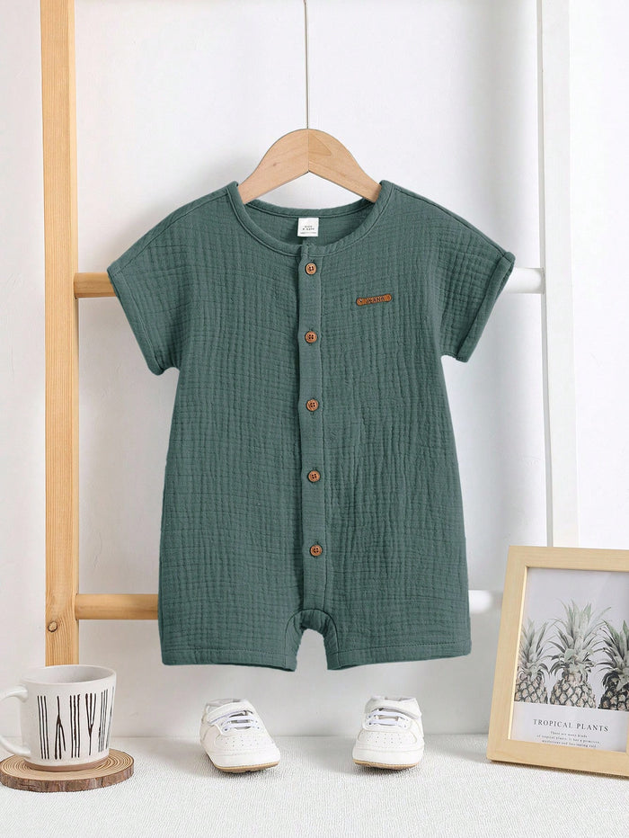 Baby Boy Green Cotton Gauze Summer Outfit – Short Sleeve Button Shirt with Matching Shorts – Soft Casual Set