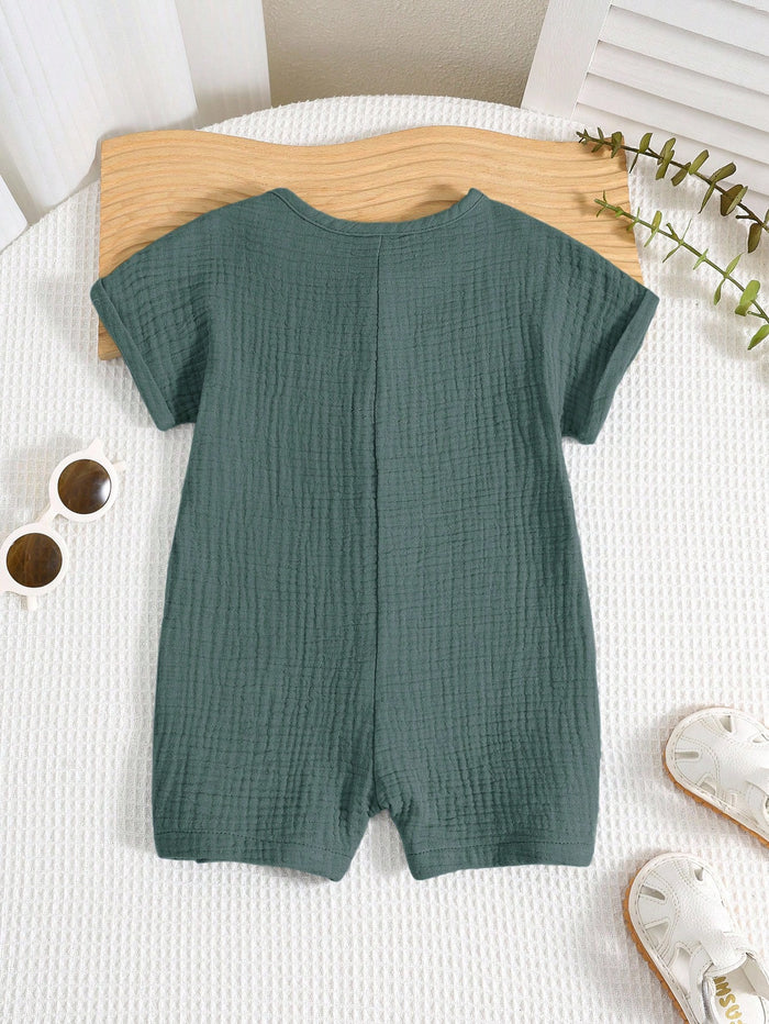 Baby Boy Green Cotton Gauze Summer Outfit – Short Sleeve Button Shirt with Matching Shorts – Soft Casual Set