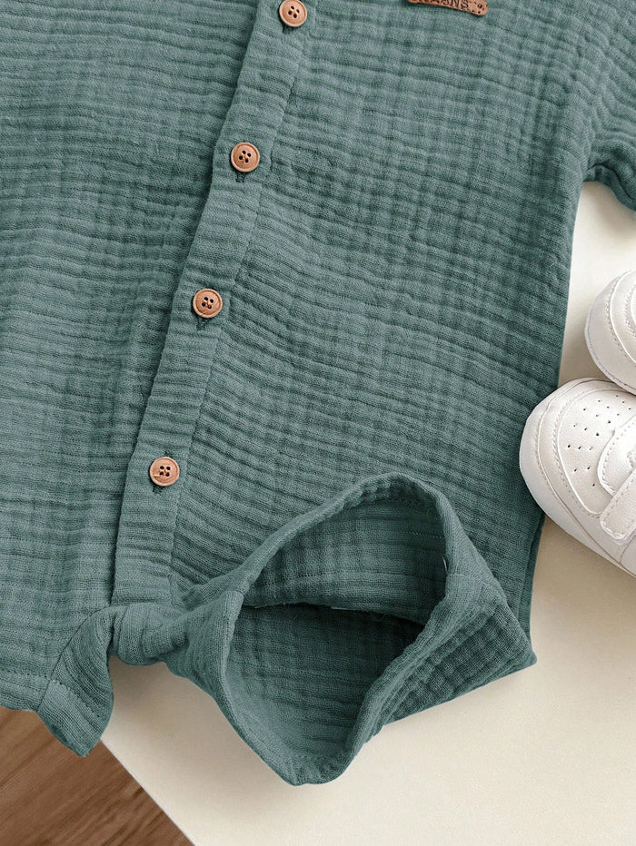 Baby Boy Green Cotton Gauze Summer Outfit – Short Sleeve Button Shirt with Matching Shorts – Soft Casual Set
