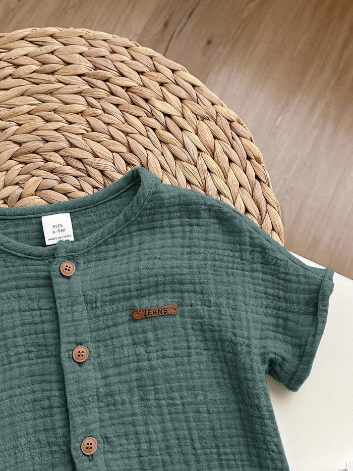 Baby Boy Green Cotton Gauze Summer Outfit – Short Sleeve Button Shirt with Matching Shorts – Soft Casual Set