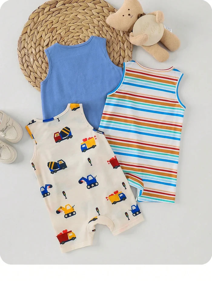 Baby Boy Sleeveless Summer Romper Set – Vehicle Print and Striped Cotton Bodysuit – Soft Casual Pack