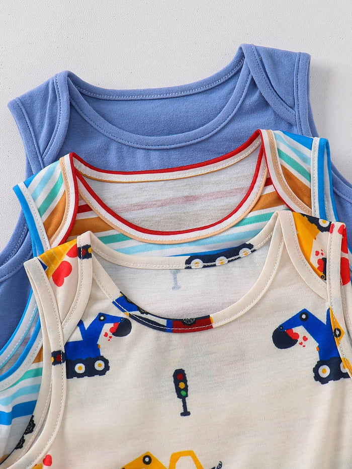 Baby Boy Sleeveless Summer Romper Set – Vehicle Print and Striped Cotton Bodysuit – Soft Casual Pack
