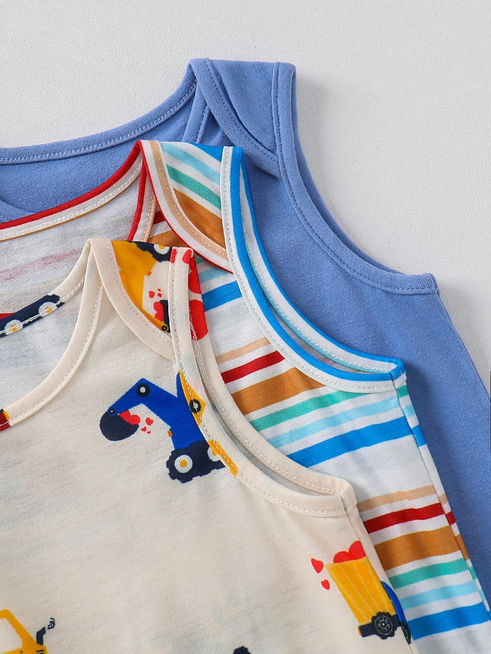 Baby Boy Sleeveless Summer Romper Set – Vehicle Print and Striped Cotton Bodysuit – Soft Casual Pack