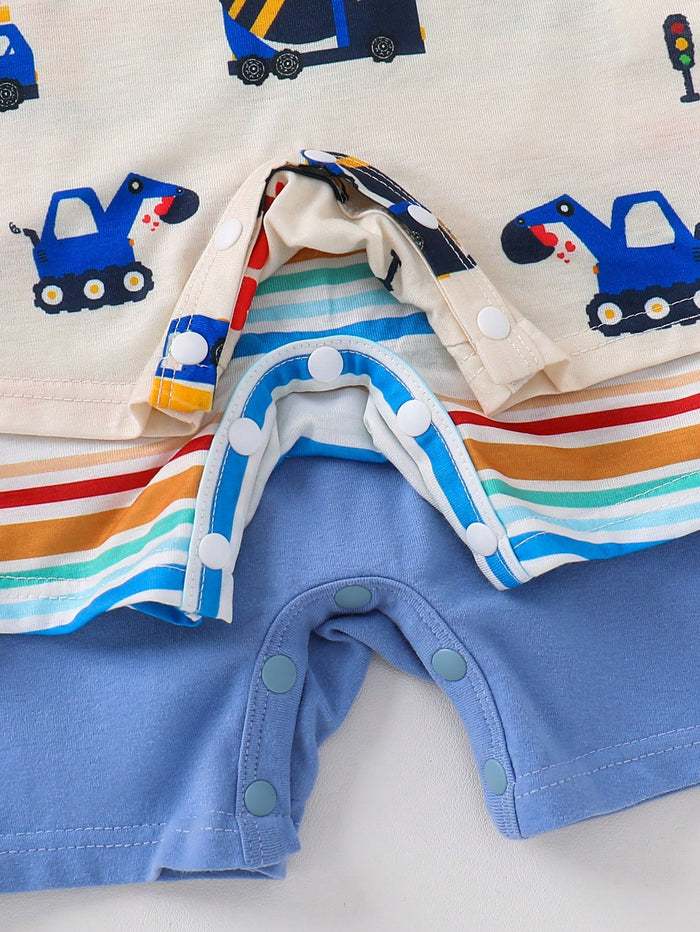Baby Boy Sleeveless Summer Romper Set – Vehicle Print and Striped Cotton Bodysuit – Soft Casual Pack