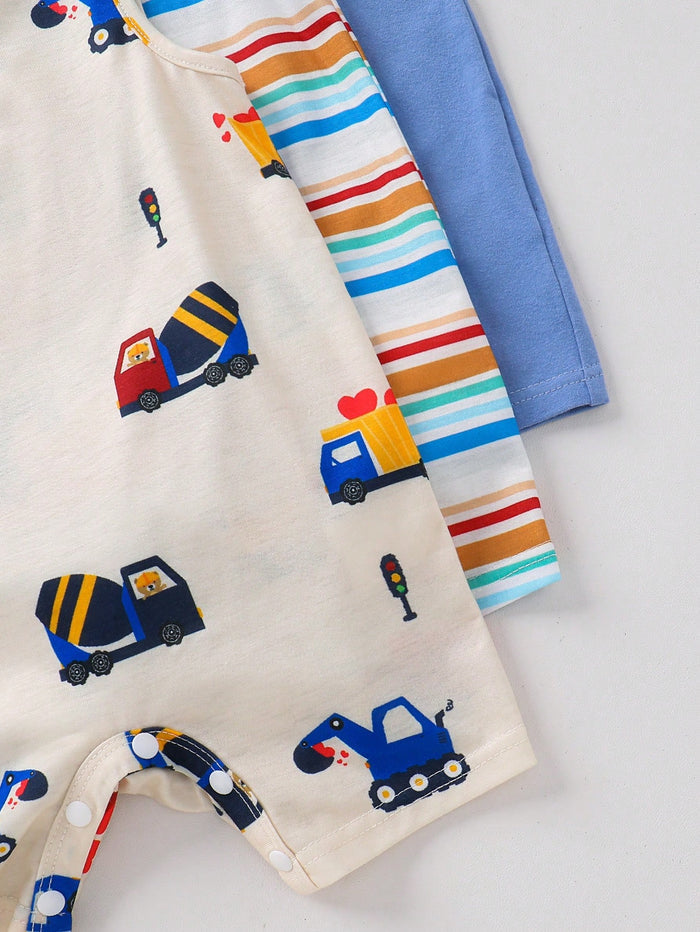 Baby Boy Sleeveless Summer Romper Set – Vehicle Print and Striped Cotton Bodysuit – Soft Casual Pack