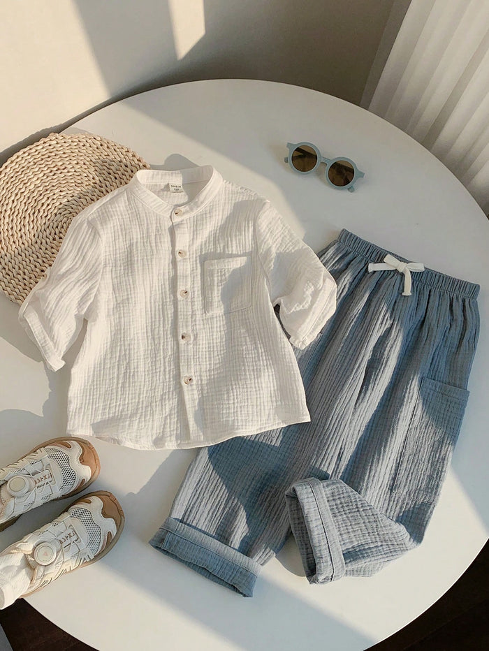 Baby Boy White Gauze Shirt and Blue Pants Set – Soft Breathable Casual Summer Outfit