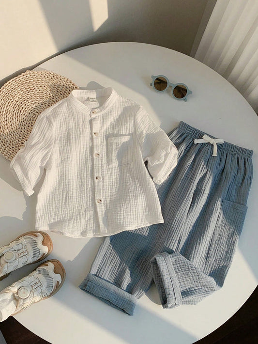 Baby Boy White Gauze Shirt and Blue Pants Set – Soft Breathable Casual Summer Outfit
