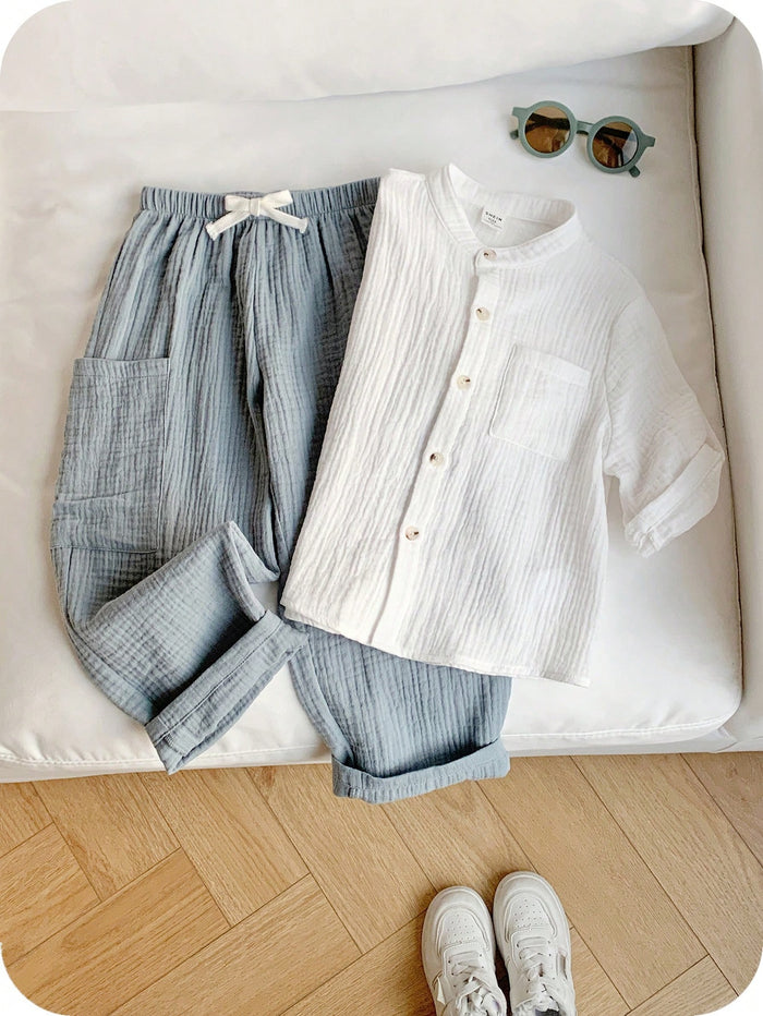 Baby Boy White Gauze Shirt and Blue Pants Set – Soft Breathable Casual Summer Outfit