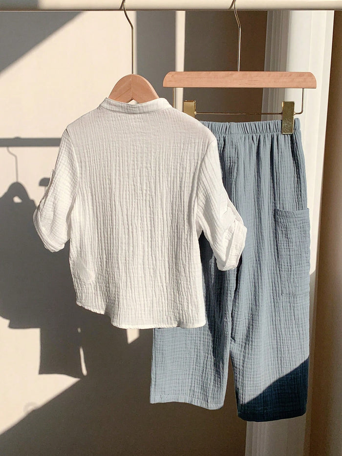 Baby Boy White Gauze Shirt and Blue Pants Set – Soft Breathable Casual Summer Outfit