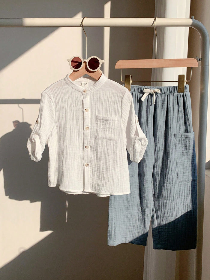 Baby Boy White Gauze Shirt and Blue Pants Set – Soft Breathable Casual Summer Outfit