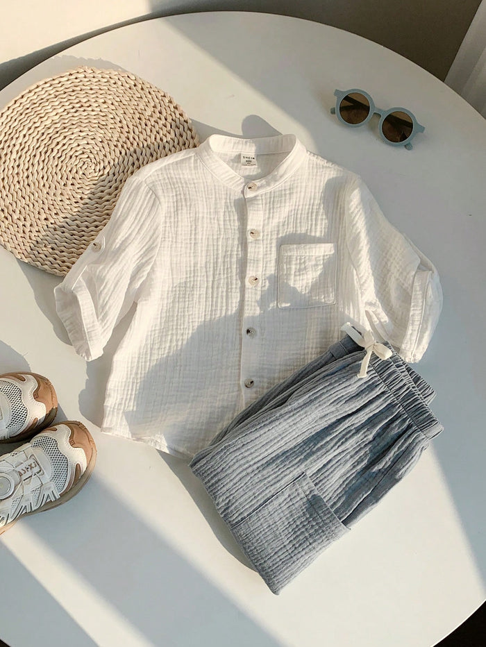 Baby Boy White Gauze Shirt and Blue Pants Set – Soft Breathable Casual Summer Outfit