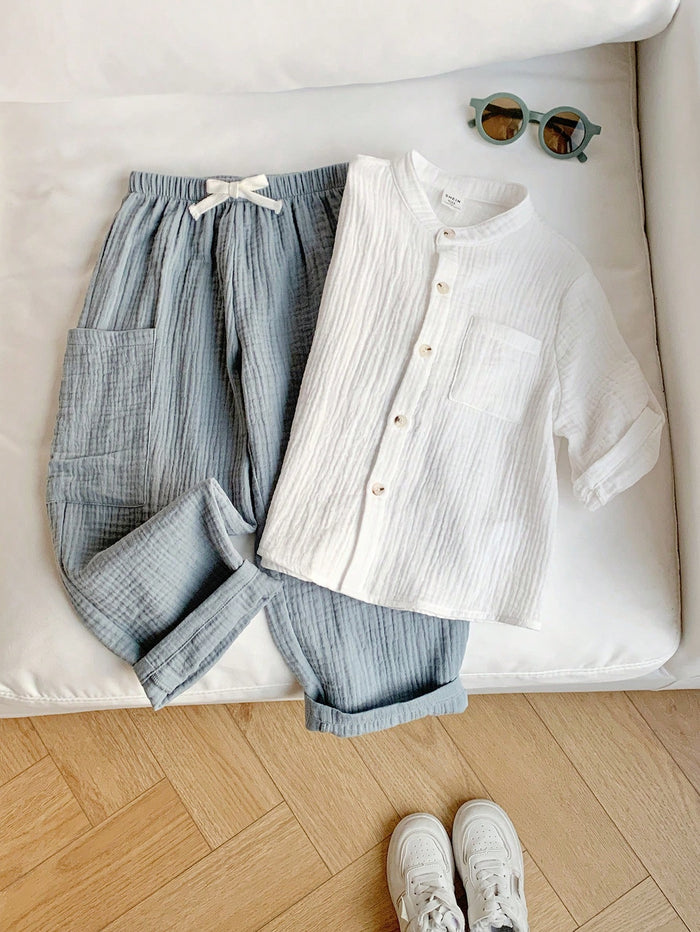 Baby Boy White Gauze Shirt and Blue Pants Set – Soft Breathable Casual Summer Outfit