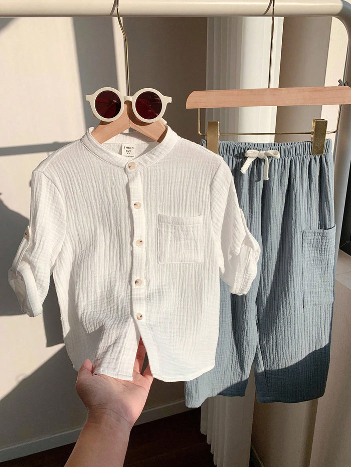 Baby Boy White Gauze Shirt and Blue Pants Set – Soft Breathable Casual Summer Outfit
