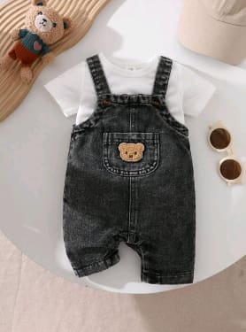 Baby Boys Black Denim Overall Set with White T-Shirt – SHEIN Fast Delivery in 5 Days