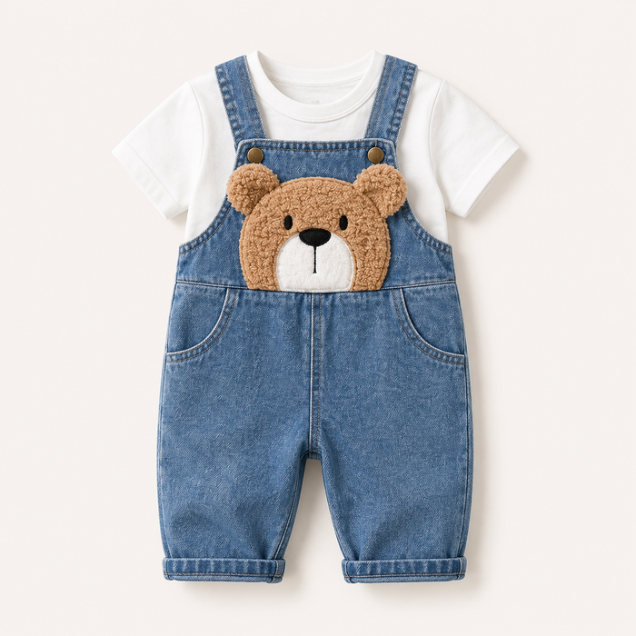 Baby Boys Denim Overall Set with Bear Patch – SHEIN Fast Delivery in 5 Days