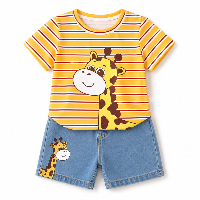 Baby Giraffe Striped T-Shirt and Denim Shorts Set