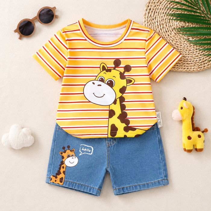 Baby Giraffe Striped T-Shirt and Denim Shorts Set