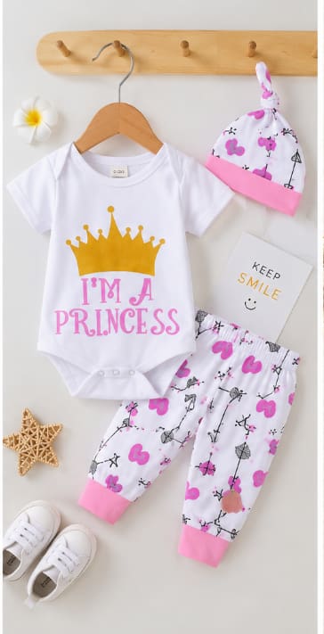 Baby Girl Princess Bodysuit Pants and Hat Set with Crown Print, 0–3 Months