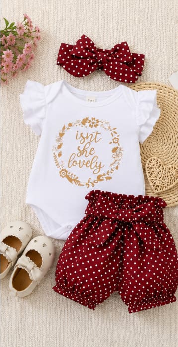 Baby Girl White Bodysuit and Burgundy Polka Dot Shorts Set with Matching Bow Headband, 0–3 Months