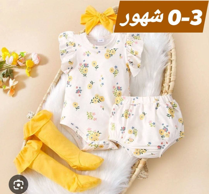 Baby Girl White Floral Romper Set with Yellow Bow Headband and Matching Socks, 0–3 Months