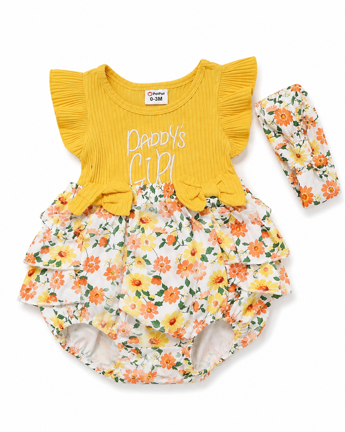 Baby Girl Yellow Daddy’s Girl Romper Dress Set with Floral Ruffles and Matching Headband, 0–3 Months