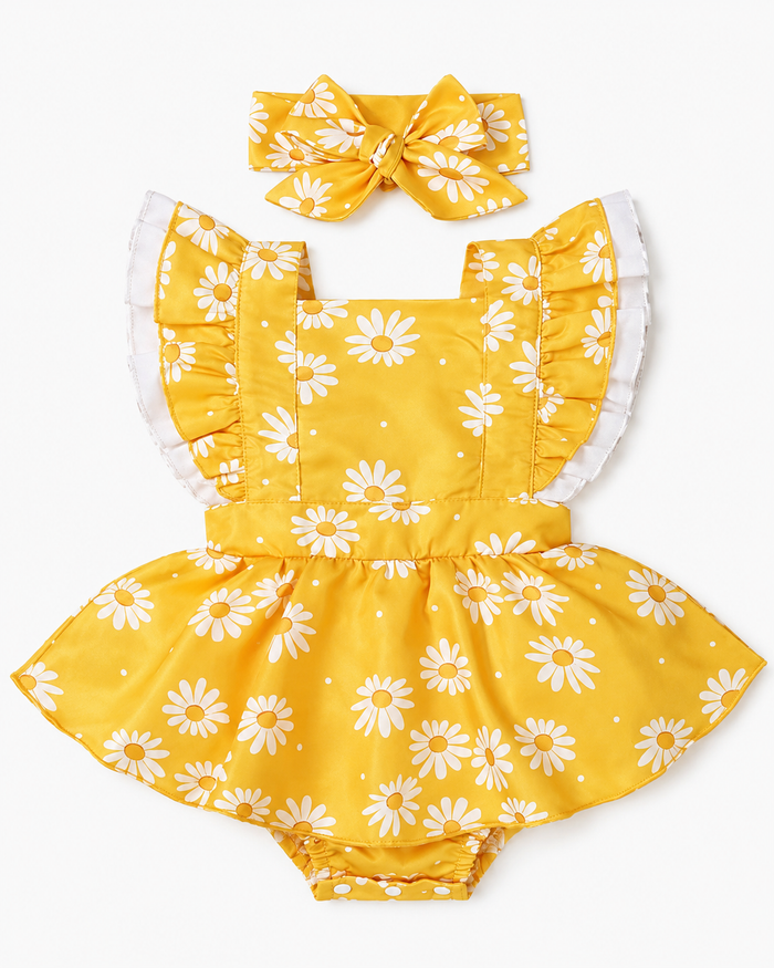 Baby Girl Yellow Daisy Romper Dress with Headband – SHEIN Fast Delivery in 5 Days
