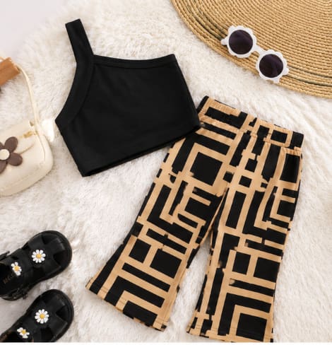 Baby Girls Black One-Shoulder Top & Beige Geometric Pants Set – Casual Outfit