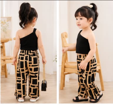 Baby Girls Black One-Shoulder Top & Beige Geometric Pants Set – Casual Outfit