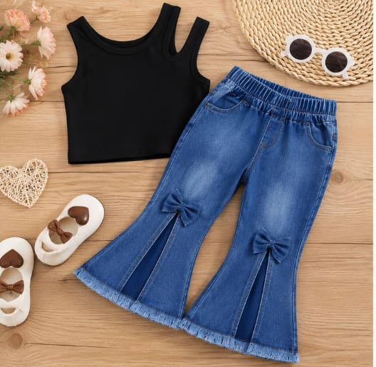 Baby Girls Black Sleeveless Top & Blue Denim Flared Pants Set – Casual Outfit